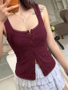 DAZY 女士紧身蕾丝提花吊带背心性感女式上衣短款女式上衣情人节 - 酒紅色 - 查看 7