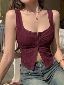 DAZY 女士紧身蕾丝提花吊带背心性感女式上衣短款女式上衣情人节 - 酒紅色 - 查看 6