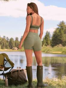 GLOWMODE FeatherFit™ Stripe Flow 2-In-1 Double Strap Sports Bra With Removable Cups Low Impact Outdoor Yoga Studio Daily - Trail Green - View 6