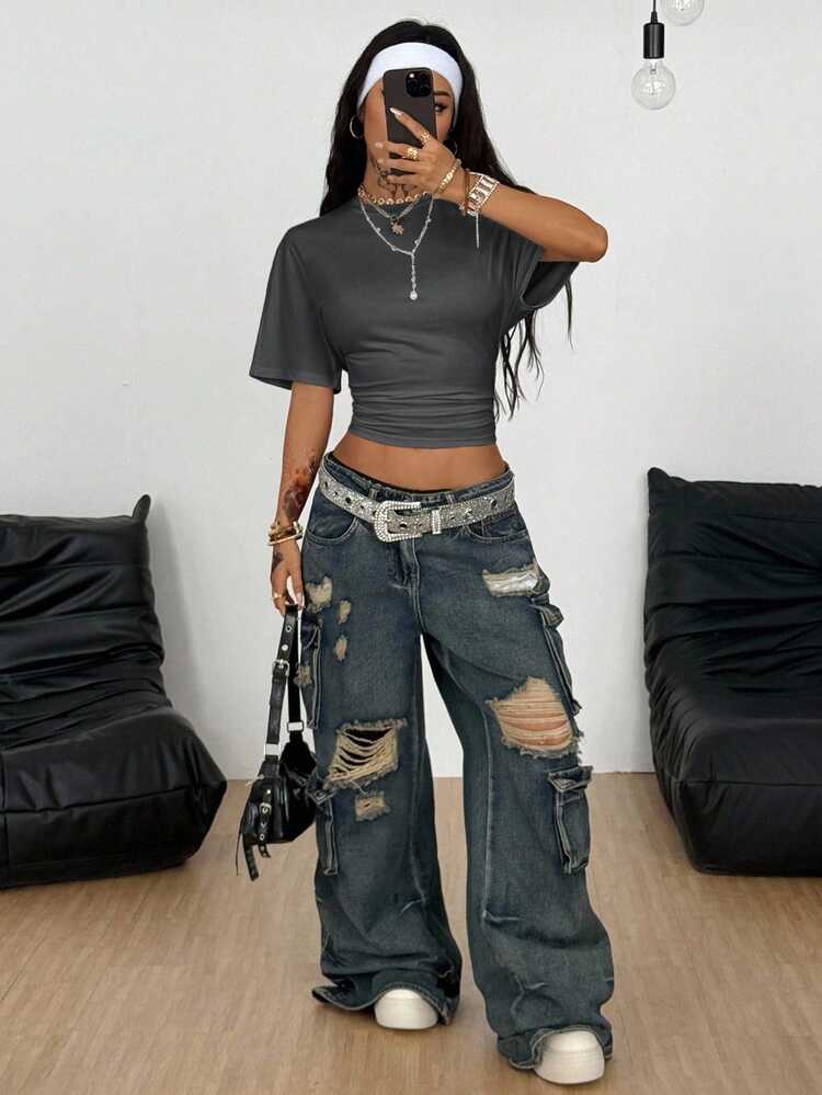 Coolane Women's Summer Minimalist Y2K Basic Daily Wear Casual Back To School Streetwear Stretchy White Loose Ruched Crop Tees - Dark Grey - View 2