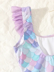SHEIN 中學生女孩魚鱗印花荷葉邊單片泳衣 - 淡紫色 - 查看 4