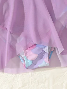 SHEIN 中學生女孩魚鱗印花荷葉邊單片泳衣 - 淡紫色 - 查看 5