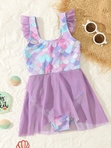 SHEIN 中學生女孩魚鱗印花荷葉邊單片泳衣 - 淡紫色 - 查看 1