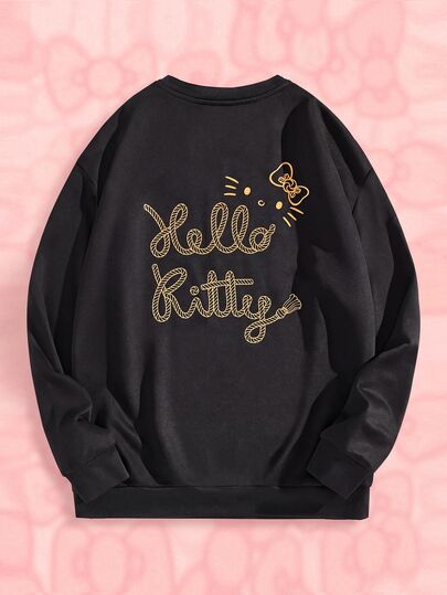 HELLO KITTY AND FRIENDS | SHEIN Sweatshirt Pullover Unisex Kasual Rajut Longgar Motif Kartun Emas Warna Hitam 1 Potong