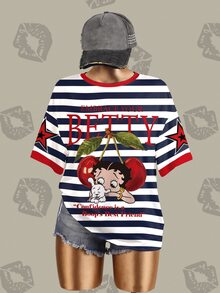 Betty Boop x SHEIN Plus Size Summer Casual Cartoon Striped Print T-Shirt - White - View 3