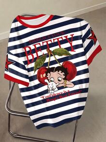 Betty Boop x SHEIN Plus Size Summer Casual Cartoon Striped Print T-Shirt - White - View 1