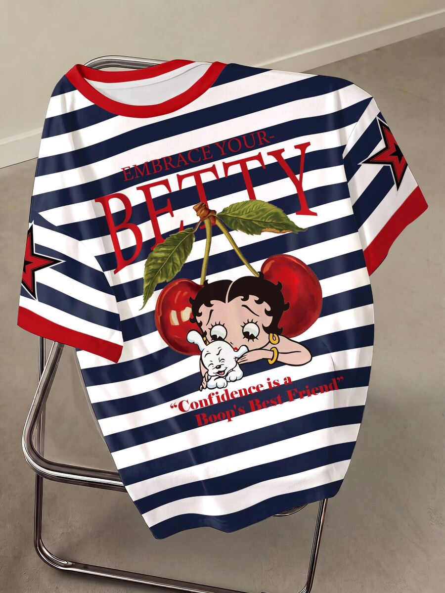 Betty Boop x SHEIN Plus Size Summer Casual Cartoon Striped Print T-Shirt - White - View 1
