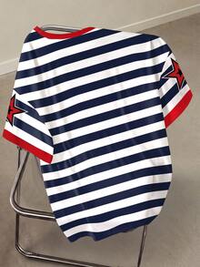Betty Boop x SHEIN Plus Size Summer Casual Cartoon Striped Print T-Shirt - White - View 2