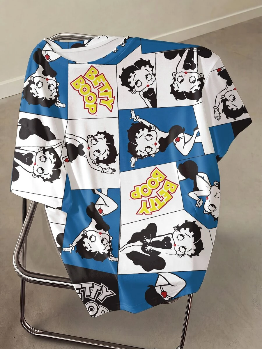Betty Boop x SHEIN Plus Size Cartoon Figure Graphic Round Neck Short Sleeve T-Shirt - White - View 1