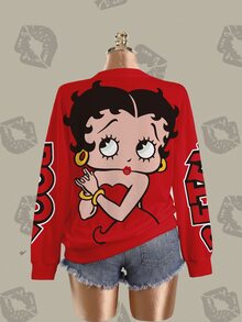 Betty Boop x SHEIN Plus Size Letter And Cartoon Graphic Pullover Sweatshirt Fall - White - View 3