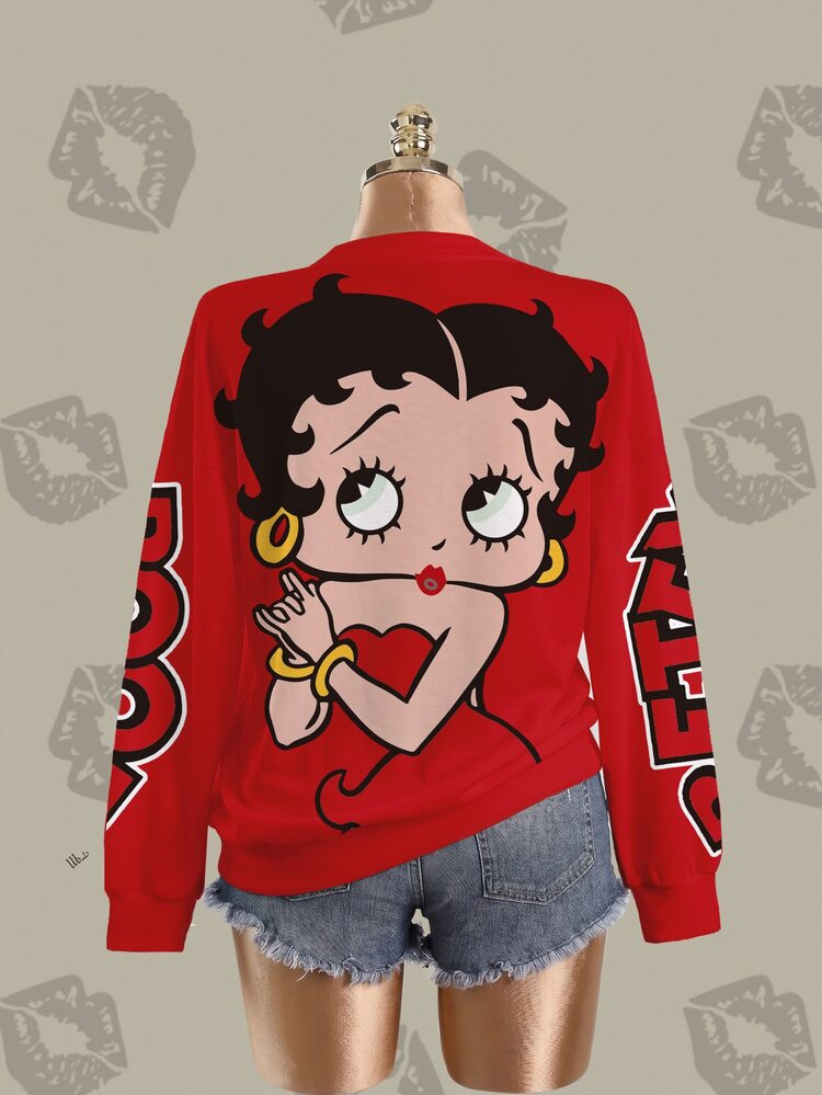 Betty Boop x SHEIN 大尺碼字母與卡通圖案套頭運動衫 秋季 - 白色 - 查看 3