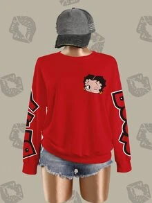 Betty Boop x SHEIN Plus Size Letter And Cartoon Graphic Pullover Sweatshirt Fall - White - View 4