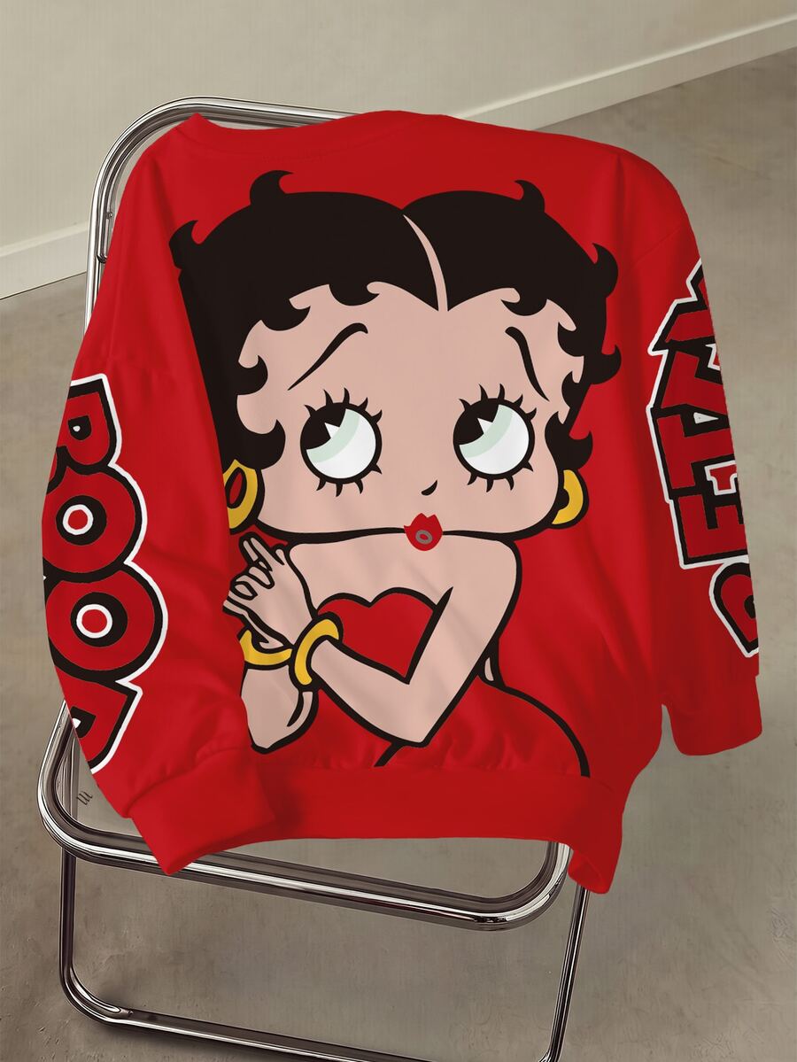 Betty Boop x SHEIN Plus Size Letter And Cartoon Graphic Pullover Sweatshirt Fall - White - View 1
