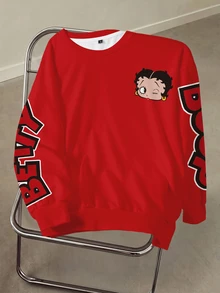 Betty Boop x SHEIN Plus Size Letter And Cartoon Graphic Pullover Sweatshirt Fall - White - View 2