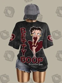 Betty Boop x SHEIN 女款夏季休閒卡通字母印花T恤 - 白色 - 查看 3