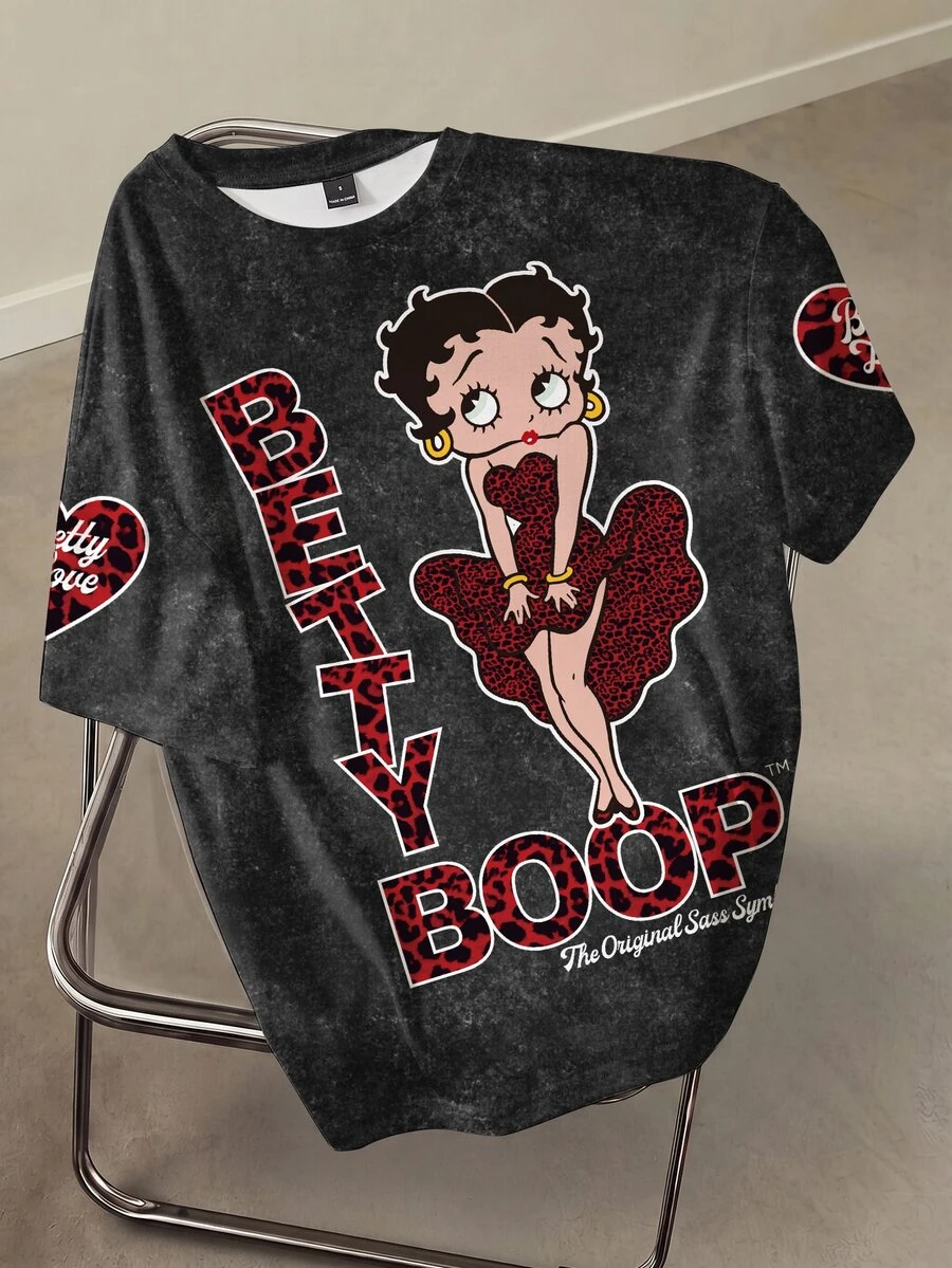 Betty Boop x SHEIN 女款夏季休閒卡通字母印花T恤 - 白色 - 查看 1