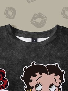 Betty Boop x SHEIN 女款夏季休閒卡通字母印花T恤 - 白色 - 查看 5