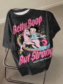 Betty Boop x SHEIN 大尺碼女款字母卡通印花圓領短袖休閒T恤 - 白色 - 查看 1