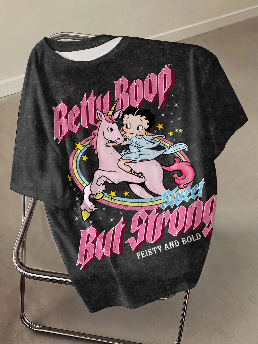 Betty Boop x SHEIN 大尺碼女款字母卡通印花圓領短袖休閒T恤 - 白色 - 查看 1