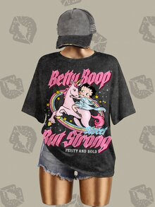 Betty Boop x SHEIN 大尺碼女款字母卡通印花圓領短袖休閒T恤 - 白色 - 查看 3