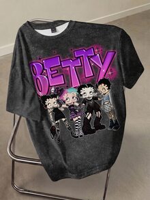 Betty Boop x SHEIN 女款夏季休閒卡通字母印花T恤 - 白色 - 查看 1