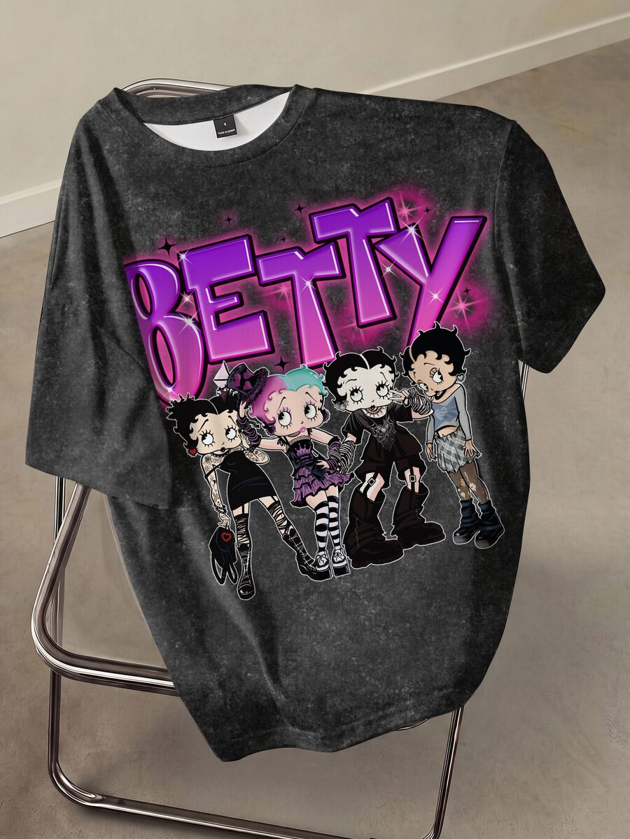 Betty Boop x SHEIN 女款夏季休閒卡通字母印花T恤 - 白色 - 查看 1