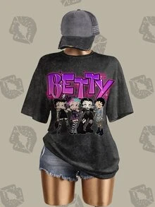 Betty Boop x SHEIN 女款夏季休閒卡通字母印花T恤 - 白色 - 查看 3