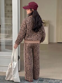 Tween Girls New Fashion Brown Round Neck Long Sleeve Top And Wide Leg Pants 2 Pieces Set, Autumn/Winter - Brown - View 2