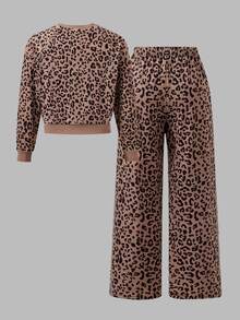 Tween Girls New Fashion Brown Round Neck Long Sleeve Top And Wide Leg Pants 2 Pieces Set, Autumn/Winter - Brown - View 5