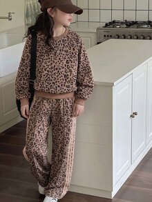 Tween Girls New Fashion Brown Round Neck Long Sleeve Top And Wide Leg Pants 2 Pieces Set, Autumn/Winter - Brown - View 3