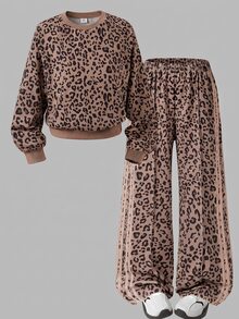Tween Girls New Fashion Brown Round Neck Long Sleeve Top And Wide Leg Pants 2 Pieces Set, Autumn/Winter - Brown - View 4