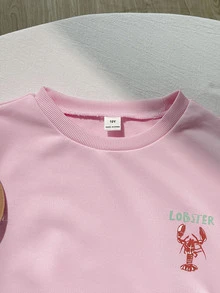 SHEIN Tween少女青少年女孩粉綠色龍蝦字母印花寬鬆衛衣條紋寬腿褲2件套 - 粉色 - 查看 6
