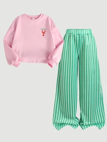 SHEIN Tween少女青少年女孩粉綠色龍蝦字母印花寬鬆衛衣條紋寬腿褲2件套 - 粉色 - 查看 5