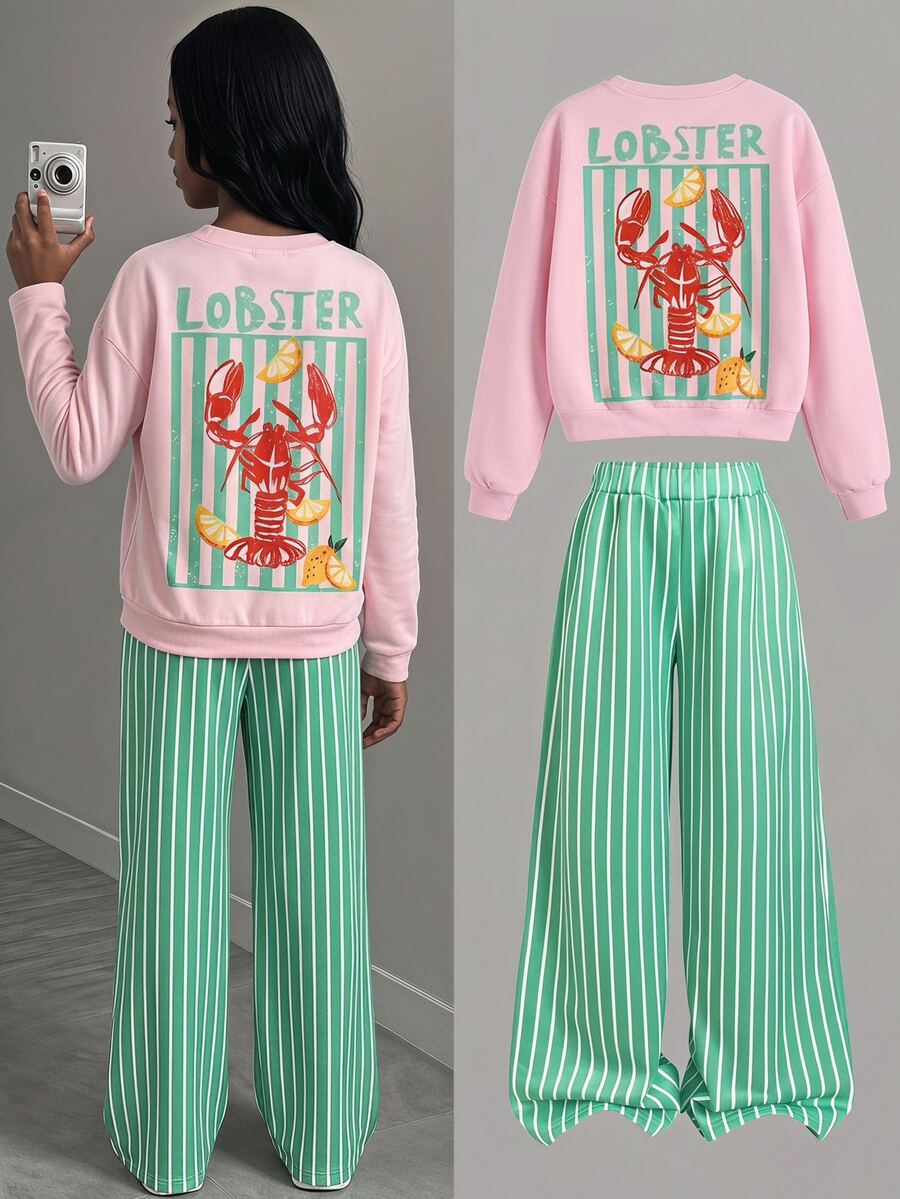 SHEIN Tween Girl Teen Girls Pink & Green Lobster Letter Print Loose Sweatshirt Striped Wide Leg Pants 2pcs Set - Pink - View 1