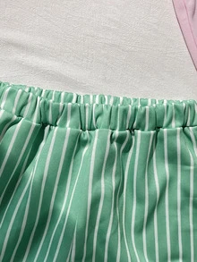 SHEIN Tween少女青少年女孩粉綠色龍蝦字母印花寬鬆衛衣條紋寬腿褲2件套 - 粉色 - 查看 9