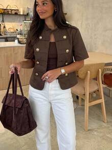 Serisse Women's Solid Color Short Sleeve Button Design Casual Vintage Elegant Lightweight Jacket Breakfast Diner Party Dark Brown Fall Outfit - Brown - View 3