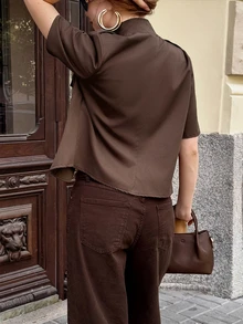 Serisse Women's Solid Color Short Sleeve Button Design Casual Vintage Elegant Lightweight Jacket Breakfast Diner Party Dark Brown Fall Outfit - Brown - View 2