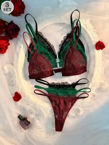 Crystal Vow 6pcs Sexy Lace Patchwork Front Closure Lingerie Set For Women - Multicolor - View 2