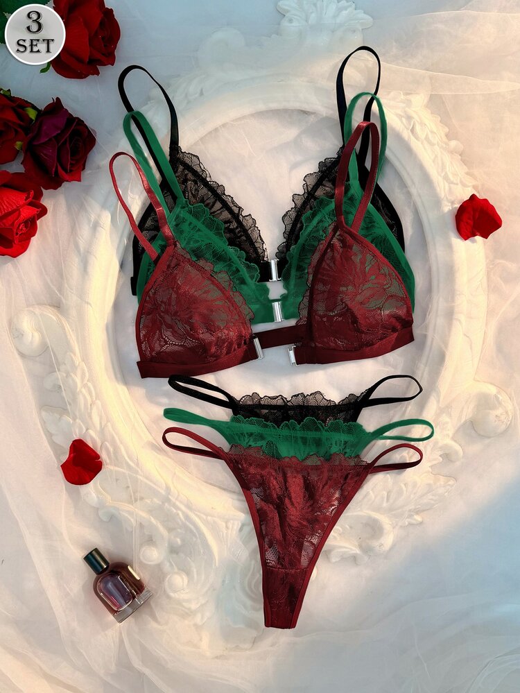 Crystal Vow 6pcs Sexy Lace Patchwork Front Closure Lingerie Set For Women - Multicolor - View 2