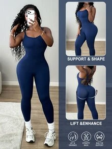 SHEIN Core Rhythm 無縫運動連身褲，性感露背修身款，露背交叉肩帶運動連身褲，運動一體式連身衣 - 藍色 - 查看 5