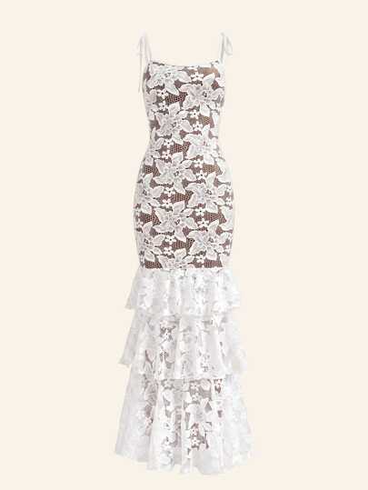 VOLUPTÉ CURVE Women's Spring/Summer White Dress Lace Spaghetti Strap Ruffle Mermaid Hem, Romantic Elegant Vacation Birthday Party Wedding Guest Dress Women