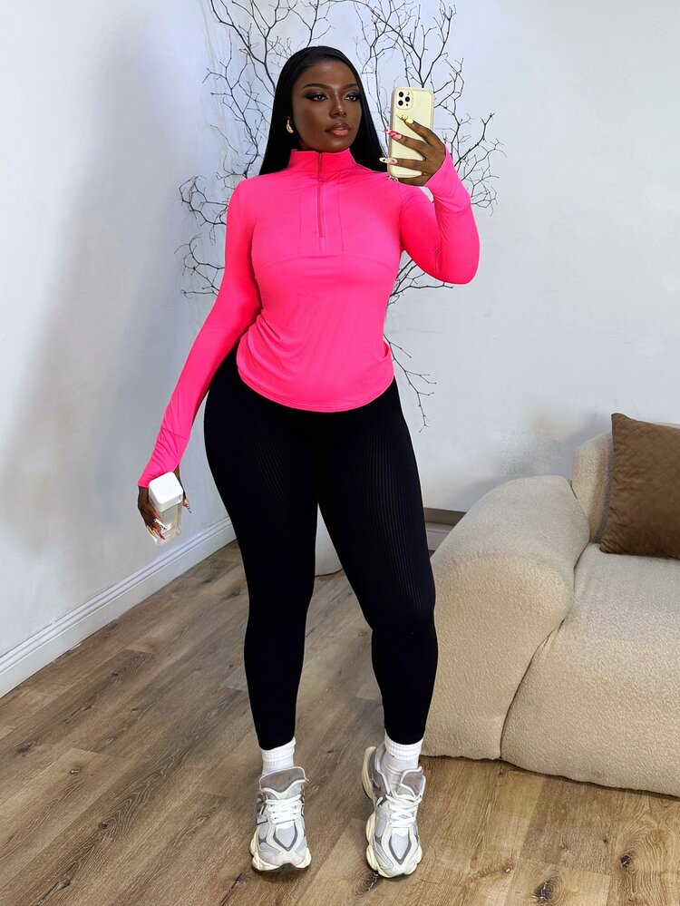 Core Rhythm Casual Versatile Solid Color Stand Collar Zip-Up Sweatshirt - Pink - View 4