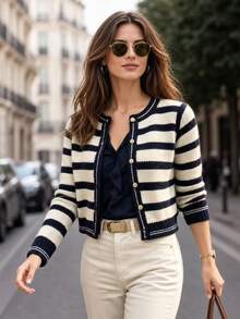 Balvessa Women's Striped Long Sleeve Single-Breasted Casual Knit Cardigan - Black and White - View 2