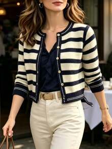 Balvessa Women's Striped Long Sleeve Single-Breasted Casual Knit Cardigan - Black and White - View 5