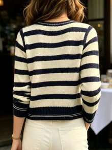 Balvessa Women's Striped Long Sleeve Single-Breasted Casual Knit Cardigan - Black and White - View 3