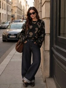 Elafinee Drop Shoulder Fluffy Knit Sweater,Long Sleeve Tops Knit Pullover Fall Winter - Black - View 4