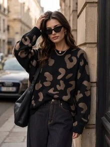 Elafinee Drop Shoulder Fluffy Knit Sweater,Long Sleeve Tops Knit Pullover Fall Winter - Black - View 3
