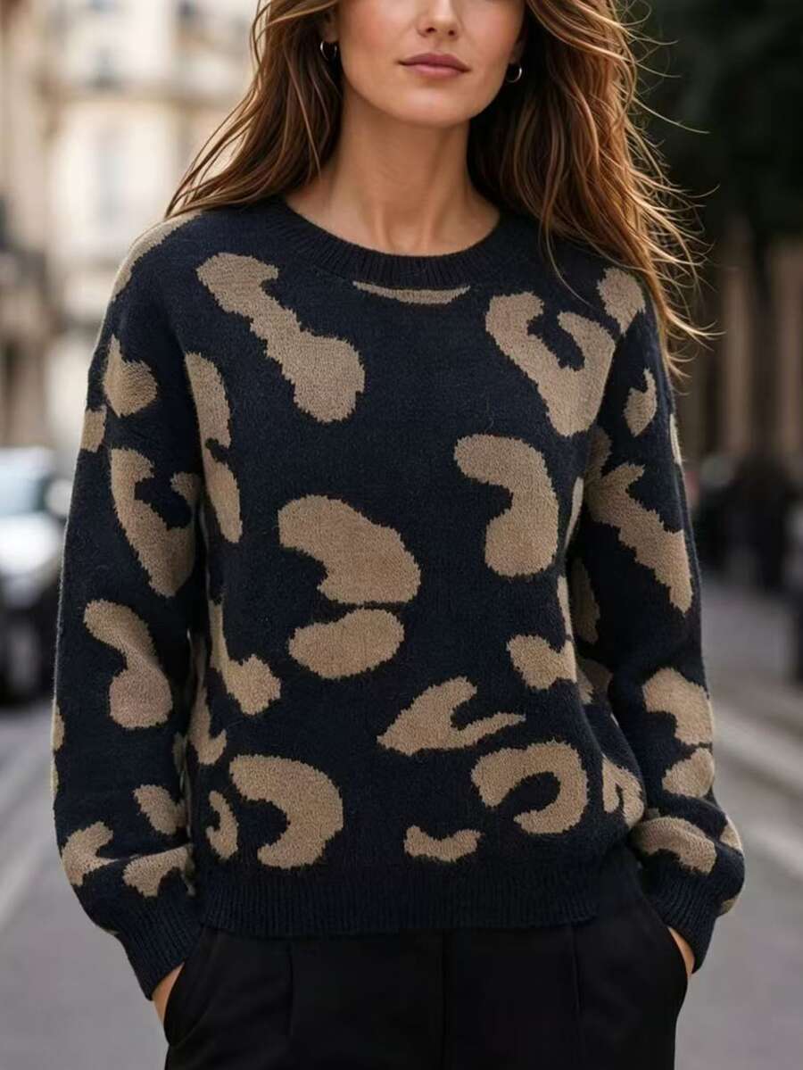 Elafinee Drop Shoulder Fluffy Knit Sweater,Long Sleeve Tops Knit Pullover Fall Winter - Black - View 1