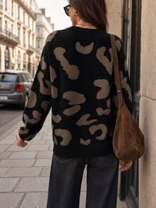 Elafinee Drop Shoulder Fluffy Knit Sweater,Long Sleeve Tops Knit Pullover Fall Winter - Black - View 2