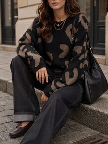 Elafinee Drop Shoulder Fluffy Knit Sweater,Long Sleeve Tops Knit Pullover Fall Winter - Black - View 5